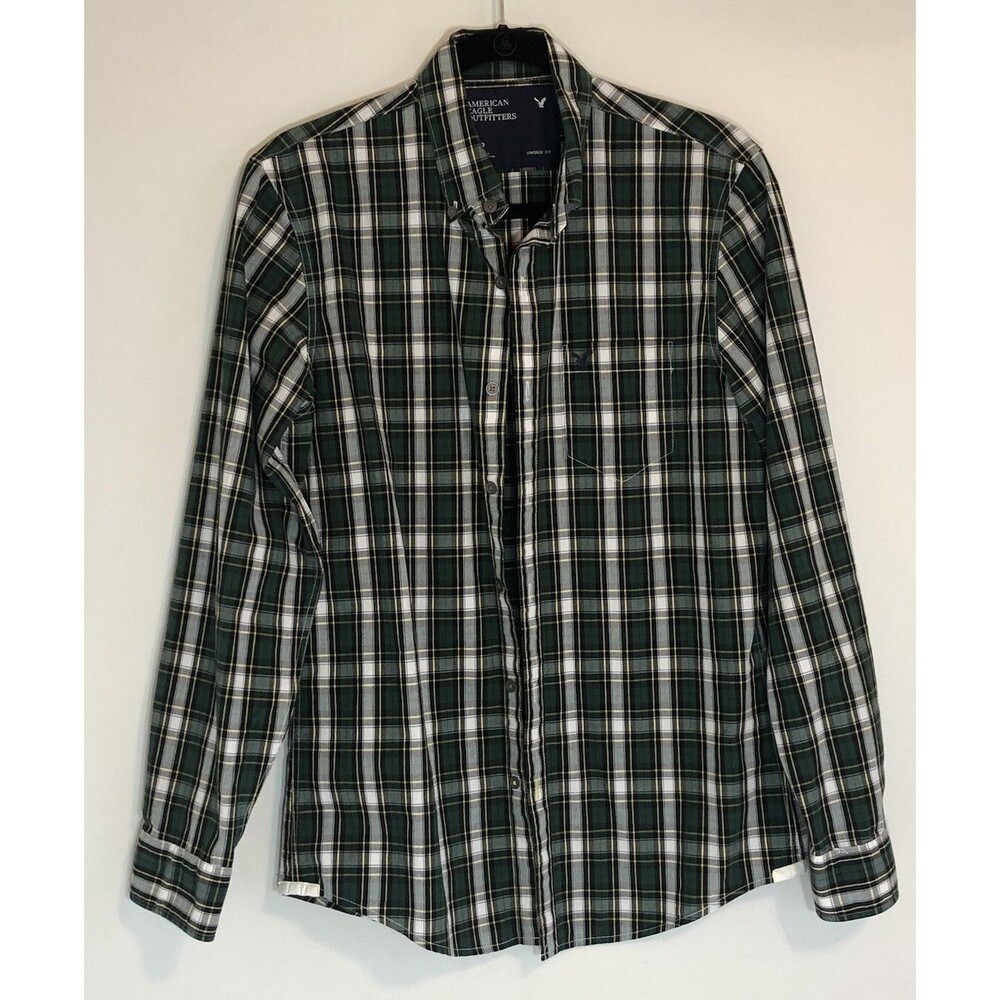American Eagle Outfitters Shirt Men's L/S Button Down Plaid Grn/White/Yellow S/P